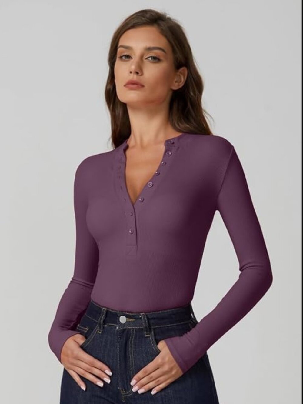 NWOT • Plum Long Sleeve Ribbed Knit Henley Top